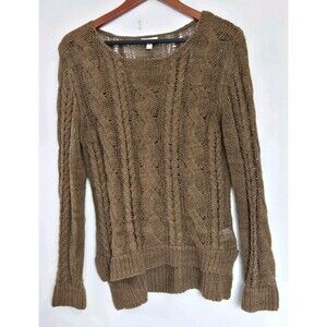 Garnet Hill Sweater Womens S Brown Crochet Cableknit Linen Blend Cozy Chunky
